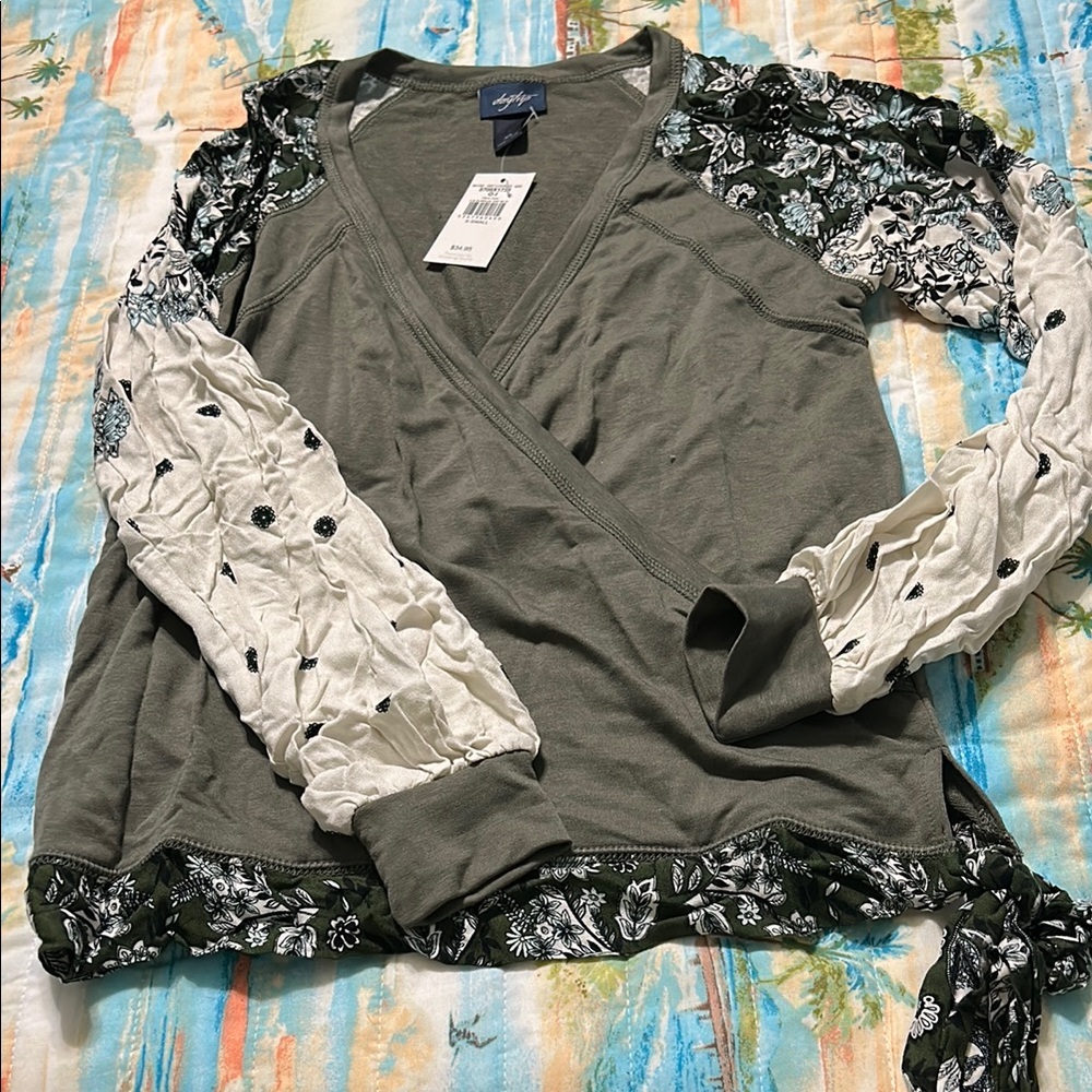 Daytrip Olive Green Wrap Blouse with Tie Front. New with tags. Size xsmall
